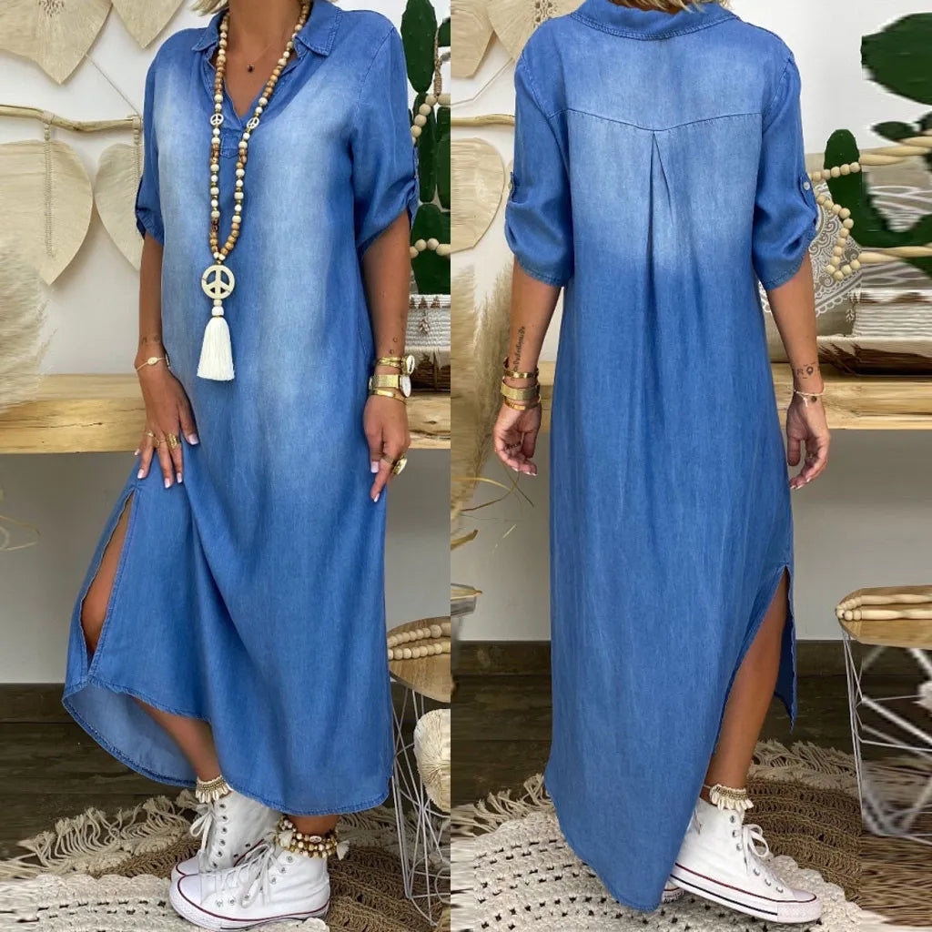 AlvaStockholm™ | Lång denimklänning med slits i sidan