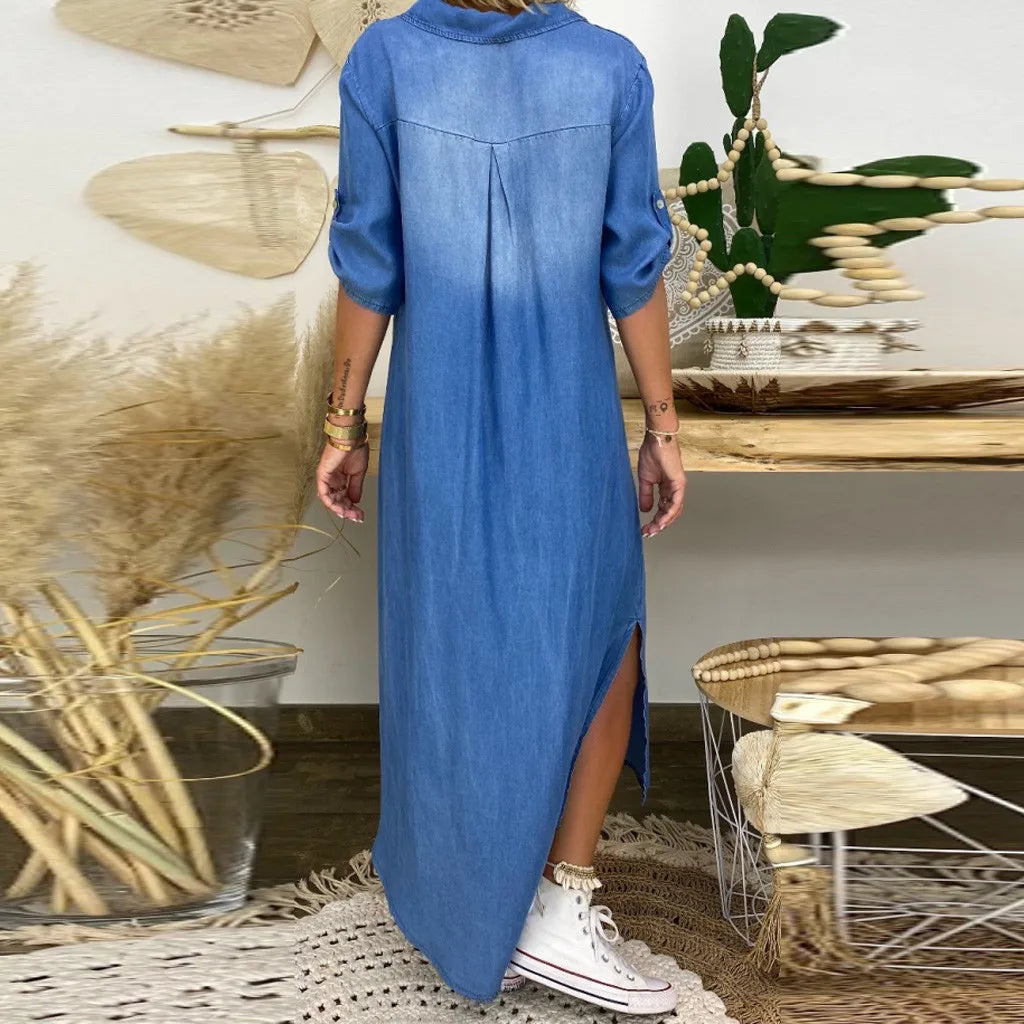 AlvaStockholm™ | Lång denimklänning med slits i sidan