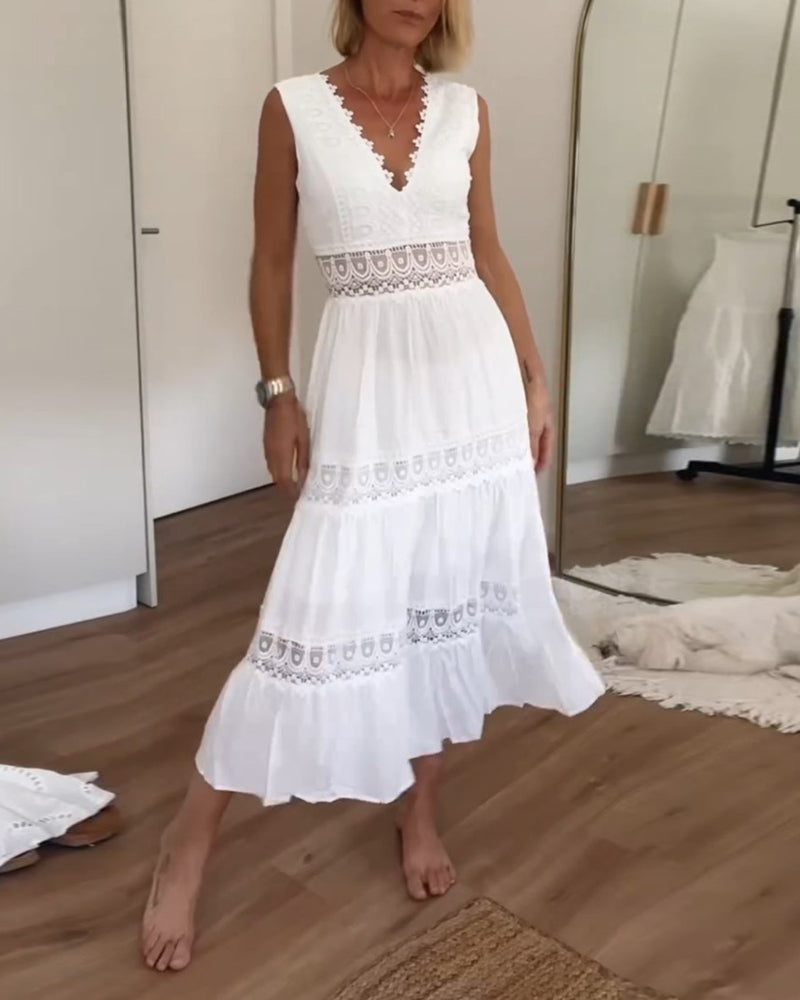 AlvaStockholm™| Ärmellöst Midiklänning i Boho-stil med Spetsdetaljer